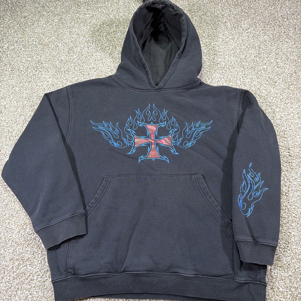 Y2k Top Heavy West Coast Choppers Style Hoodie Black Blue Flames Size Small